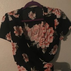 Black floral wrap shirt